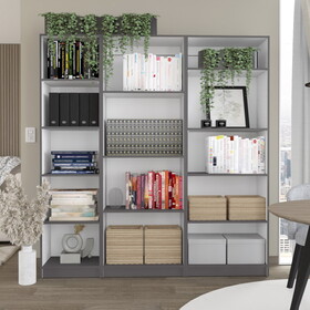 Dupree 3 Piece Home Bookcase set, 67" Wide with 14 Shelves, Living Room Set Set Mat Gray - White