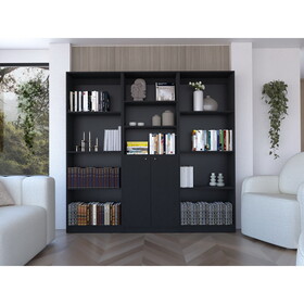 Duette 3 Piece Home Bookcase set, 74" Wide with 11 Shelves and Two-Door Cabinet, Living Room Set Set Black