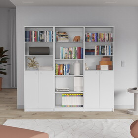 Arbor 3 Piece Home Bookcase set, 74" Wide with 11 Shelves and Two Double-Door Cabinet, Living Room Set White