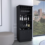 Dundee 70-inch High 10-Glass Bar Cabinet with 5 Cubbies and 3 Open Shelves and Cabinet