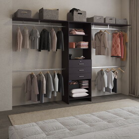 Plego 69"W - 118"W Drawers Closet System, Five Shelves, Four Hanging Rods, Three Drawers Black Wengue B070S00186