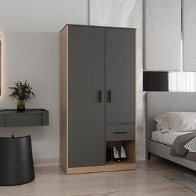 Alder 2-Door One Drawer Amoire with 2 Cabinets, Two Hanging Rods and Four Shelves in Matt Gray and Natural Oak B070S00382