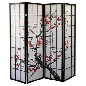 70" Tall 4-Panel Screen / Room Divider, Plum Blossom Design with Black finish B072115960