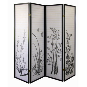 70" Tall 4-Panel Screen / Room Divider, Floral Design with Black finish B072115973