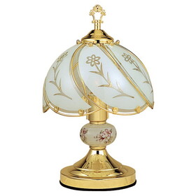 14.25" Tall Touch Table Lamp, Brushed Gold finish, Floral-Patterned Glass Shade B072116184