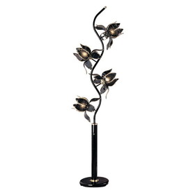 73" Tall Floor Lamp, 4 Black and Gold Flower Shaped Lights with Crystal Accents B072116256