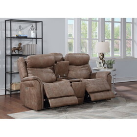 Transitional Console Loveseat - Warm Camel Faux-Suede, Power Footrest, Power Headrest - Concealed Cupholders, Built-in Console B081109538