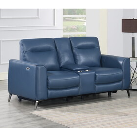 High-Leg Console Loveseat - Top-Grain Leather, Dual-Power, Ocean Blue Color - Stowaway Footrest, Flaired Chrome Leg, Motion Furniture Look B081109567
