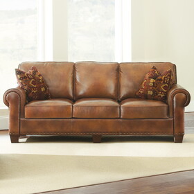 Rustic Styled Leather Sofa - Premium Construction, Top-Grain Leather - Eight-Way Hand-Tied Springs, Nail-Head Trim, Contrasting Pillows B081109574
