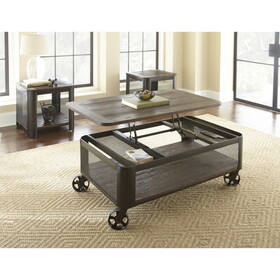 Rustic Wire-Brushed End Table Set - Urban Suburban Style - Wire Mesh, Industrial Wheels, Rustic Wood Effect B081110035