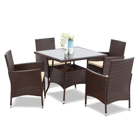 5-Pieces PE Rattan Wicker and Metal Patio Dining Set with Beige Cushions B082S00008
