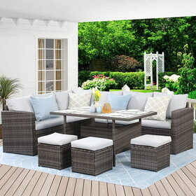 7-Pieces PE Rattan Wicker Patio Dining Sectional Cusions Sofa Set with Grey cushions