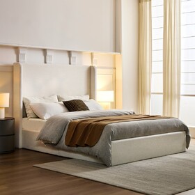 Carmen Upholstered Wingback Bed, Upholstered Platform Bed Frame, 54" High Headboard, Simplicity, Minimalist, No Box Spring Needed, Easy assembly, Queen, Textured Ivory Canvas Chenille, No Noise