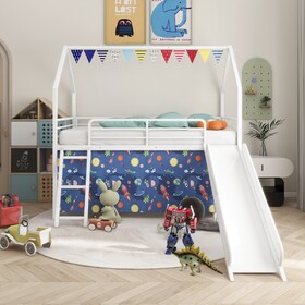 Jack Metal Junior House Twin Loft Bed with Slide and Curtain Set and Pennant Banner Flag and Star Stickers, White with Blue