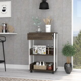 Kitchen Cart Coron with Drawer, Three-Tier Shelves and Casters, White / Dark Walnut Finish B092122893