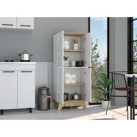 Double Kitchen Pantry Wallas, Double Door, Four Legs, Four Shelves, Light Oak / White Finish B092123099