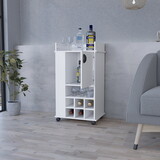 Bar Cart with Casters Reese, Six Wine Cubbies and Single Door, White Finish B092123139