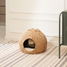 Gertrude Water Hyacinth Woven Wicker Round Cat Bed Cave with Handles - 18" x 18" x 18" - for Any Size Cat Breeds, Chihuahua and Use with Cat Tower B093P169697