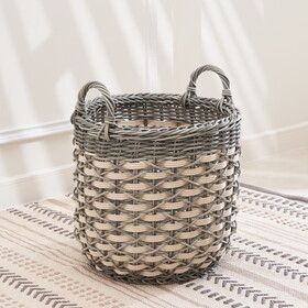 Zita Round Resin Woven Wicker Multi-Use Storage Basket with Handles - 18" x 18" x 19.6" - White-Gray - for Towel, Toys, Magazines Storage and Home Decoration B093P169698
