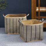 Isidore Square Palm Leaf Woven Wicker Storage Basket with Handles Set of 2 - 14