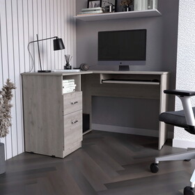 DEPOT E-SHOP Idra L-Shaped Desk, Keyboard Tray, Two Drawers, One Open Shelf, Light Gray B097133036