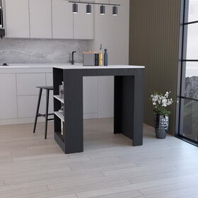 DEPOT E-SHOP Lacour Kitchen Island, Kitchen Bar Table with 3-Side Shelves, Black / Ibiza Marble B097133052