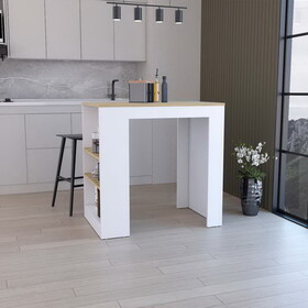 DEPOT E-SHOP Lacour Kitchen Island, Kitchen Bar Table with 3-Side Shelves, White / Macadamia B097133053