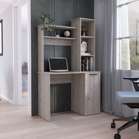 DEPOT E-SHOP Muncy Computer Desk with Ample Work Surface, Hutch Storage and Single Door Cabinet with 3-Tier Shelves, Light Gray B097133100