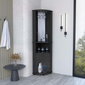 74" H black bar-coffee corner cabinet storage, with rounded front design, with 2 central shelves, 1 glass holder in the upper compartment and 1 storage with double glass door in the lower part.