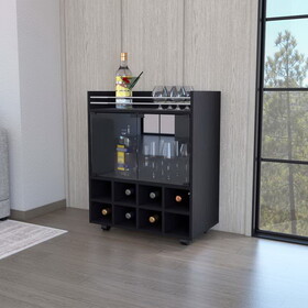 32" H black bar- coffee cart, Kitchen or living room cabinet storage with 4 wheels, with 8 bottle racks, a central shelf covered by 1 galss door, ideal for storing glasses and snacks B097133140