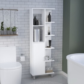 DEPOT E-SHOP Mott 63" H Linen Bathroom Cabinet with Seven Open Shelves, One Drawer and four legs, White B097P167431