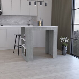 DEPOT E-SHOP Lacour Kitchen Island, Kitchen Bar Table with 3-Side Shelves, Concrete Gray / Ibiza Marble B097P167446