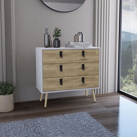 DEPOT E-SHOP Toka 3 Drawers Dresser with Handles and Wooden Legs, White / Macadamia B097P167456