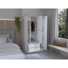 Wardrobe with 3 doors, one with mirror, two drawers, four shelves and hanging bar,White B097S00070
