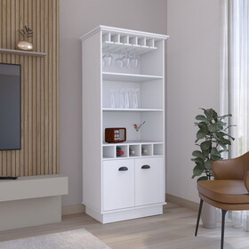 70"H Bar Cabinet with Wine Rack, Upper Glass Cabinet, three Open Storage Shelves and One Cabinet,White B097S00079