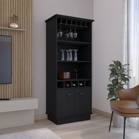 70"H Bar Cabinet with Wine Rack, Upper Glass Cabinet, three Open Storage Shelves and One Cabinet,Black, B097S00080