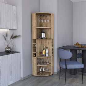 71" Corner Bar Cabinet with Five Shelves, Eight Bottle Cubbies and Stemware,Macadamia
