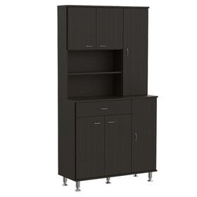 Kitchen Pantry Cabinet, Two Open Shelves, One Drawer, Multiple Cabinets, Black B097S00087