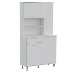 90 Kitchen Pantry Cabinet, Two Open Shelves, One Drawer, Multiple Cabinets, White B097S00088