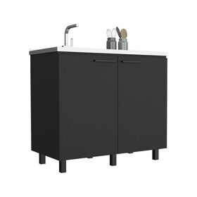 2 Freestanding Utility Base Cabinet with Stainless Steel Countertop and 2-Door, Black B097S00111