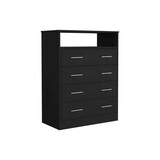 Four Drawer Dresser, Superior Top, One Open Shelf, Black B097S00113