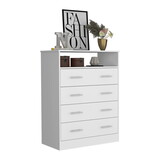 Four Drawer Dresser, Superior Top, One Open Shelf, White B097S00114