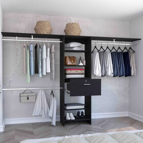 Closet System 70"W - 118"W, Three Hanging Rods, Five Shelves, One Drawer, Black B097S00118