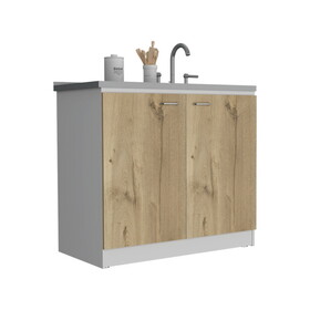 Freestanding Sink, Double Door Cabinet, Two Shelves, White / Light Oak B097S00137