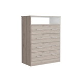 Four Drawer Dresser, Superior Top, One Open Shelf, Light Gray / White B097S00141