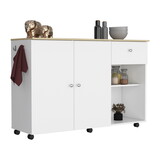 Kitchen Island Cart, Six Carter, One Drawer, Double Door Cabinet, Two External Shelves, Four Interior Shelves, White / Pine B097S00142