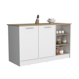 Kitchen Island Two Cabinets, Three Open Shelves, White / Natural Oak B097S00143