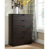 Five drawer clothes and storage chest cabinet in red cocoa chocolate faux wood grain and metal glides