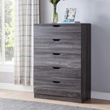 Modern grey five drawer clothes and storage chest faux wood grain and metal drawer glides