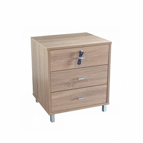 Natural wood color modern three drawer nightstand with locking top drawer